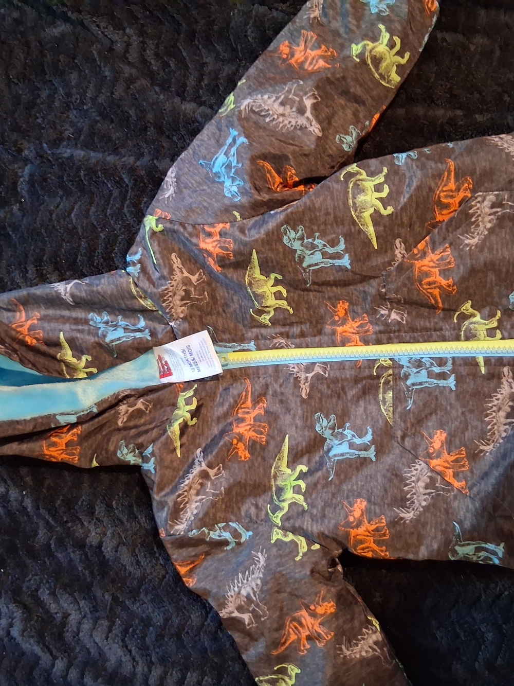 Kids Dino Print Puffer Jacket in Gray with Multicolor Dinosaurs
